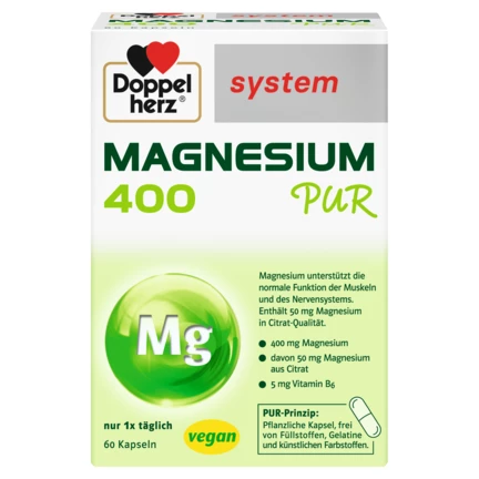 Abbildung der Produktverpackung Doppelherz system MAGNESIUM 400 PUR Frontansicht
